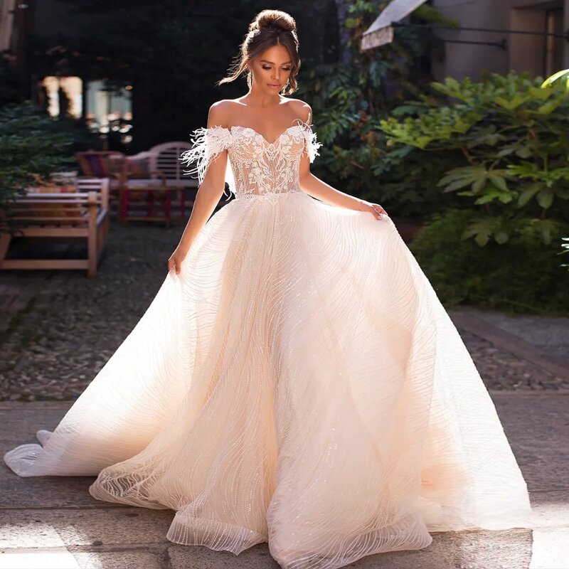 New Luxury Wedding Dress For Women Sweethear Neck Feather Lace Appliques A-Line Floor-Length Vestidos de novia 2024 Bridal Gown