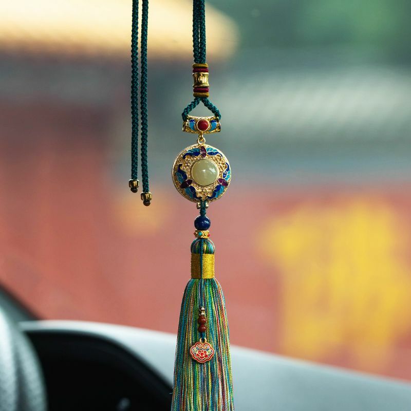 High Grade Men And Women's Interior Copper Plated Gold Inlaid With Hotan Jade Car Rearview Mirror Tassel Pendant