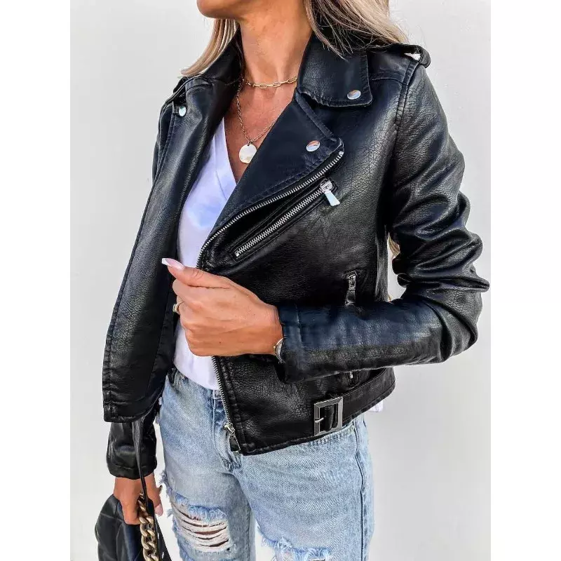 بولي Leather سترة جلدية قاطرة للنساء ، طويلة الأكمام ، معطف دراجة نارية ، سستة قصيرة ، الاتجاه الأعلى ، الخريف ، الشتاء ، الخريف