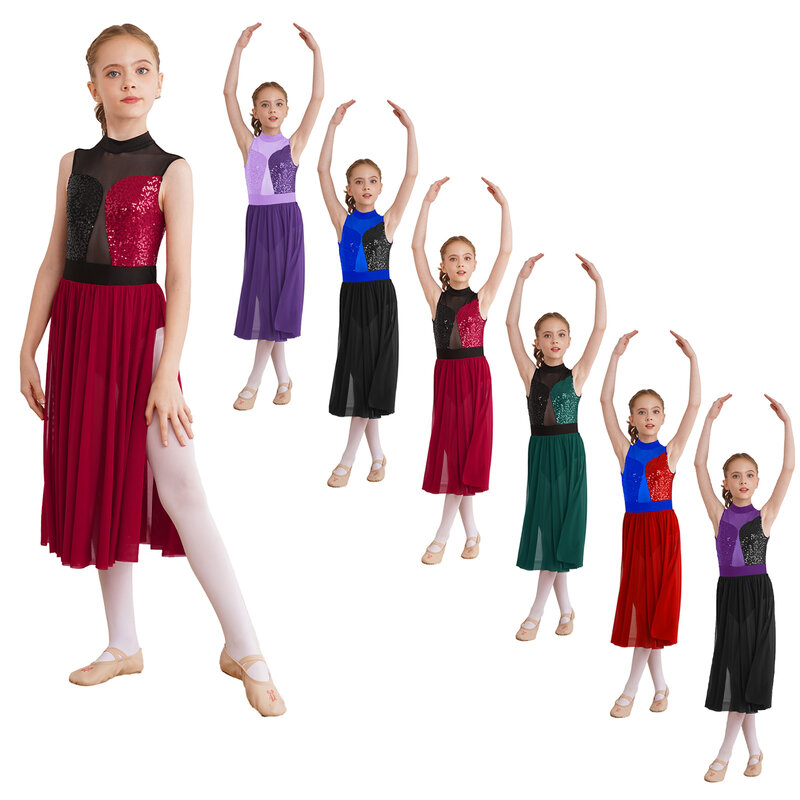 Robe de danse lyrique moderne pour filles, robe de ballet, patinage artistique, justaucorps, vêtements de danse, fibre, paillettes, fente latérale, maille