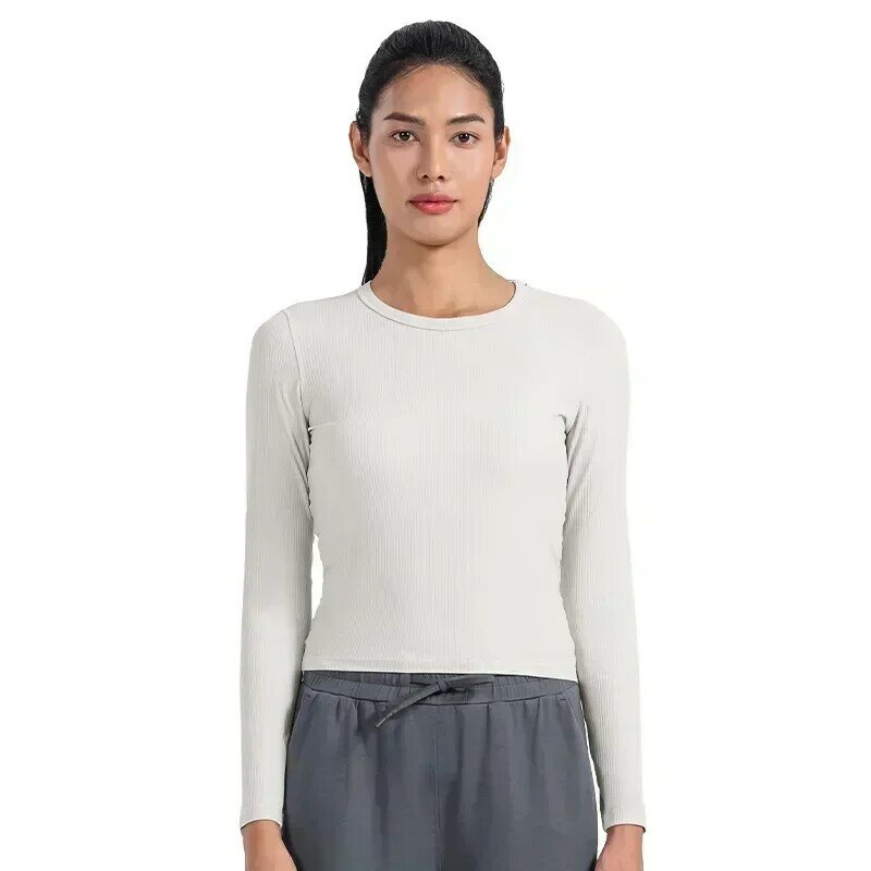 Lemon-Camiseta de manga larga para mujer, camisa deportiva elástica ajustada de tela acanalada, transpirable, secado rápido, para correr y Fitness