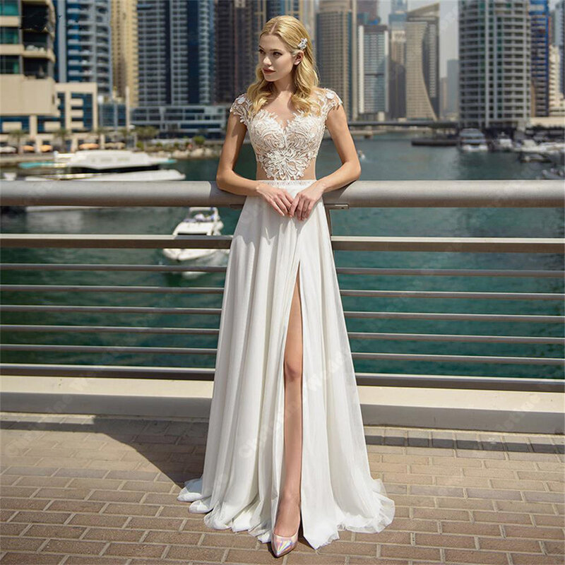 Short Sleeves Wedding Dresses For Women Newest Lace Decals Bridal Gowns 2024 Elegant Side Split  Bohemian Lady Vestidos De Novia