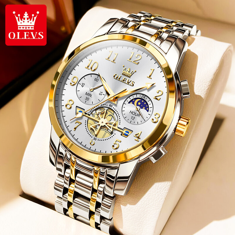 Olevs-男性用フライホイールデザイン高級クォーツ時計、デジタルダイヤル、ムーンフェーズ、クロノグラフ、防水、ステンレス鋼、腕時計