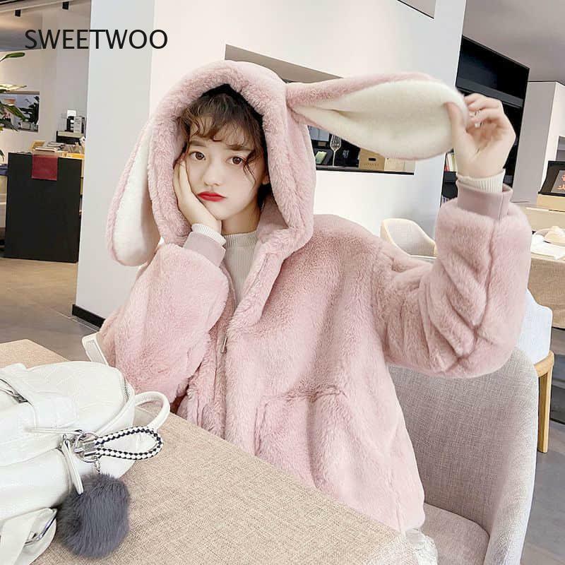 2022 Winter Kawaii Velvet Thickened Imitation Fur Coat Women's Loose  Cute Rabbit Ears Hooded Coat