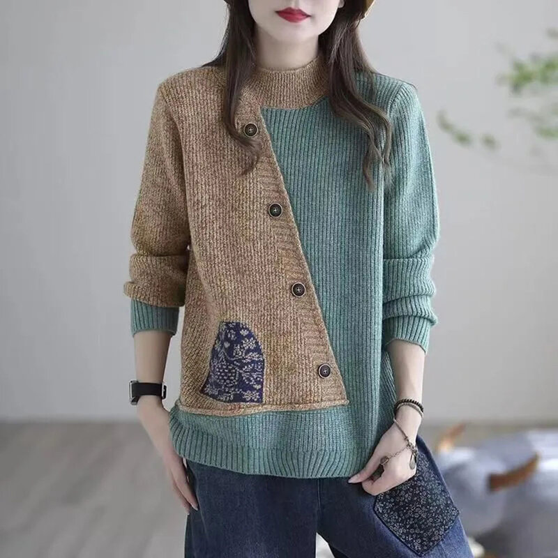 WomenPullo Sweater Retro Splicing Color Contrast Casual Autumn Winter Pullovers Female Elastic High Quality Knitted Sweater Lady