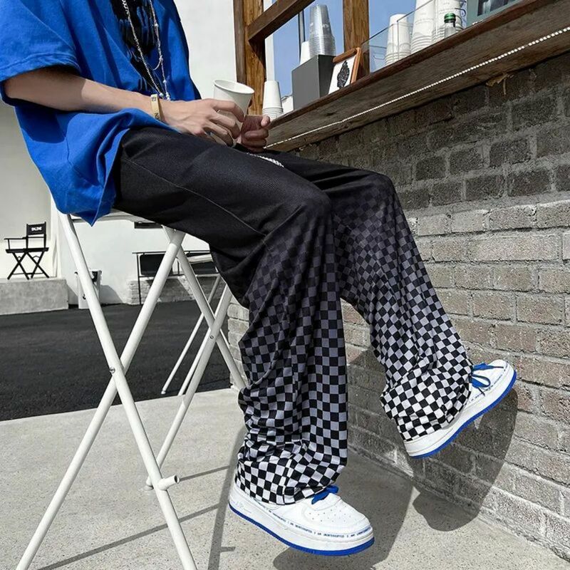 Spodnie w kratę mężczyźni wiosna lato szerokie nogawki Gradient Streetwear Harajuku główna ulica projekt odzież klubowa luźny, typu Oversize