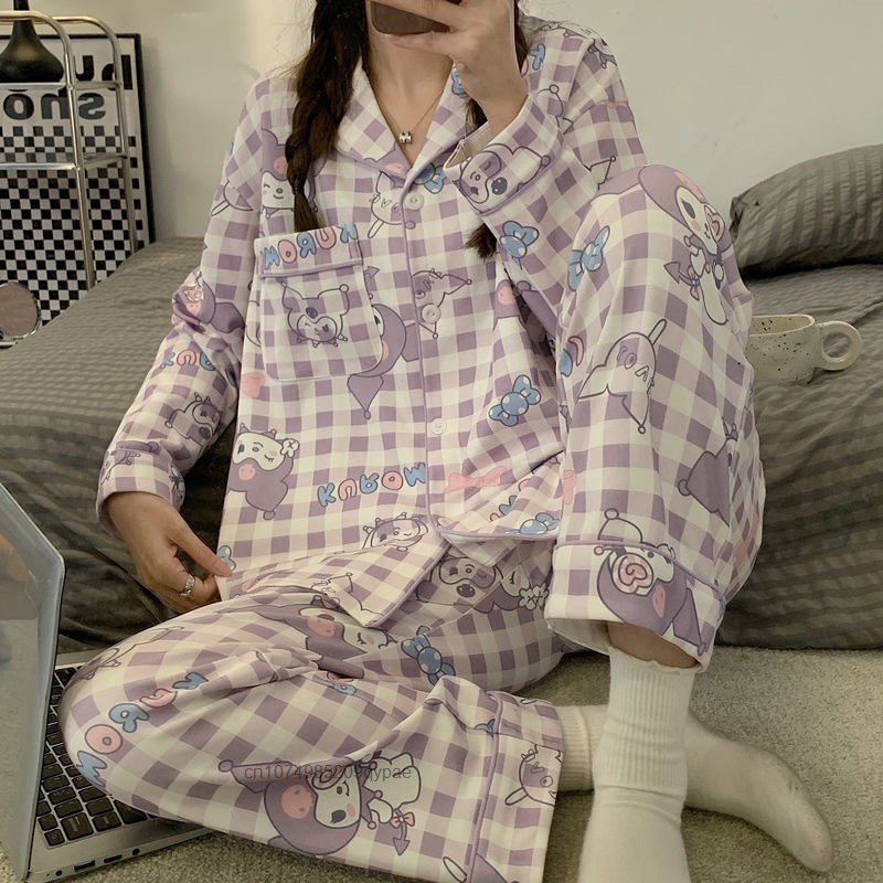 Conjuntos de pijama Sanrio Anime feminino, Cinnamoroll Kuromi, sleepwear doce, tops de meninas, calças, roupa de casa, primavera, novo, Y2K, 2 peças