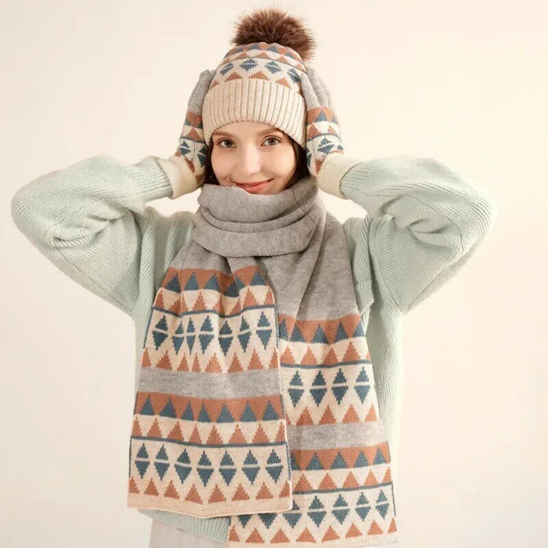 겨울 니트 장갑 스카프 모자 3 종 세트, 양모 따뜻하고 차가운 저항 폼폼 비니 모자, 고급 디자인 세트, 패션