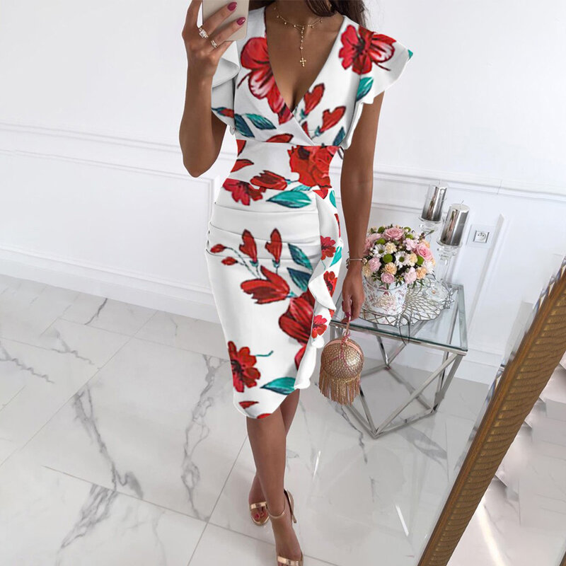 Comfy Fashion Evening Party Dress Bodycon Summer V Neck Breathable Cocktail Daily Floral Ruffles Sleeve Sleeveless