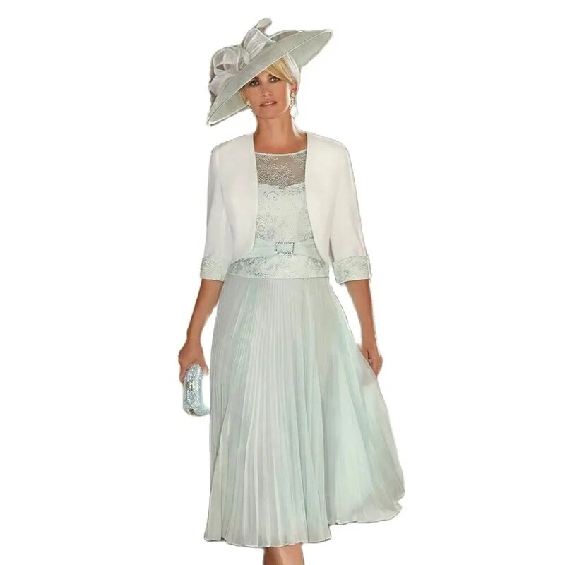 Duas peças de contraste cor rendas vestidos com jaqueta, vestido de festa de casamento, mãe dos vestidos de noiva, comprimento chá, novo, 2024