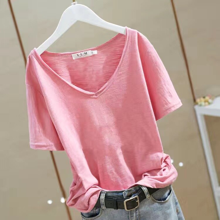 Einfache einfarbige Damen T-Shirt 2d T-Shirt Mode V-Ausschnitt Sommer Kurzarm lose Streetwear Kleidung lässig T-Shirt Damen
