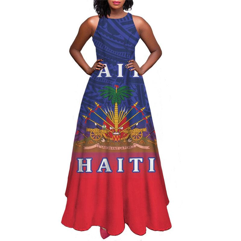 Gaun Maxi musim semi wanita desainer mewah cetak bendera Haiti gaun wanita panjang tanpa lengan kasual Sundress seksi wanita musim panas Mujer