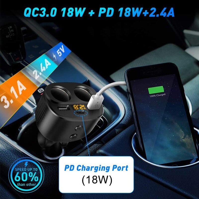 LED電圧ディスプレイ付きの車用充電器,2つのコンセント,デュアルUSB,pd 18w,qc 3.0,電話,GPS,ダッシュボード