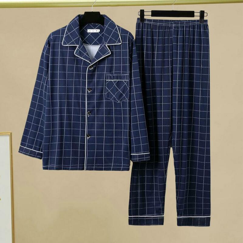 Soft Men Homewear Suit Striped Plaid Print Men's Fall Winter Pajamas Set with Color Matching Lapel Single-breasted Long Sleeve