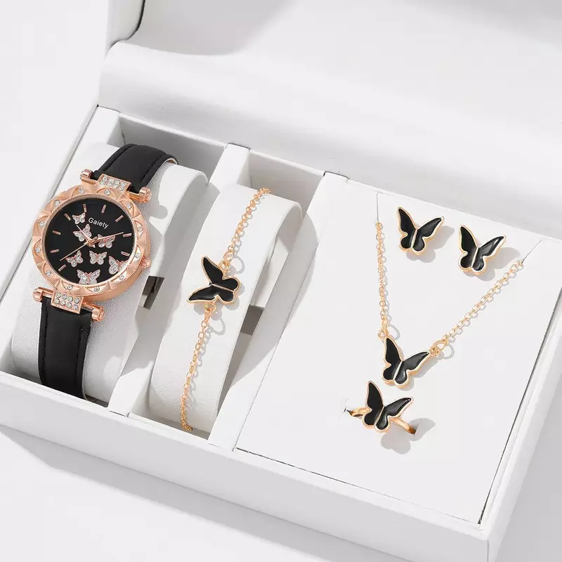 Ensemble de montres de luxe pour femmes, bague, collier, boucles d'oreilles, biscuits, mode, montre-bracelet, femme, décontracté, dames, montres, bracelet, horloge, 5 pièces