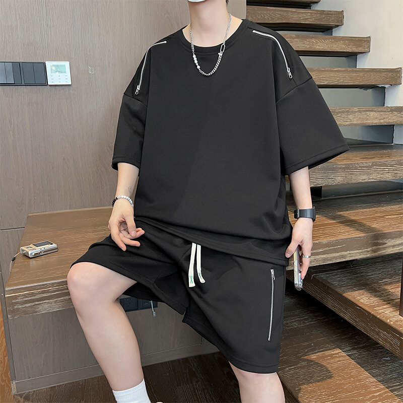 Camiseta corta informal de Hip Hop para hombre, conjunto de 2 piezas, chándal Harajuku de gran tamaño, ropa de calle de moda coreana, verano 2024