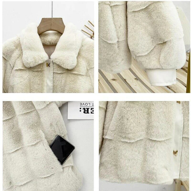 Futro z norek ciepłe pluszowe kurtki damskie zimowe odzież wierzchnia 2024 płaszcz ze sztucznego futra kobiece sztuczne kurtka z futra królika Rex puszyste płaszcze