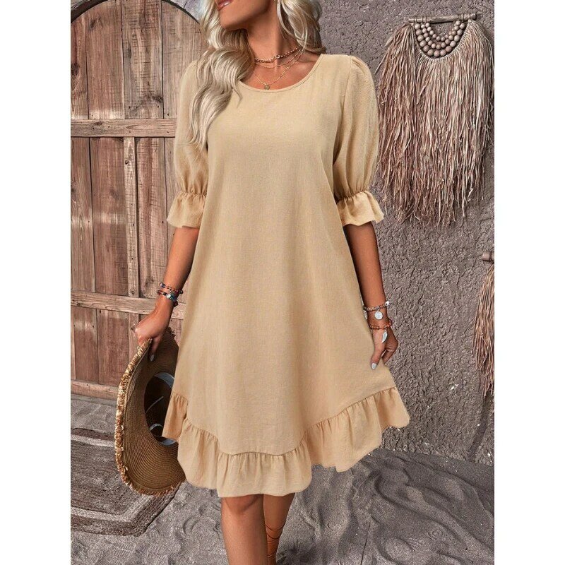 Summer Women's Casual Dress Solid Color Pleated Short-sleeved Ruffled Knee-length Dress Retro Round Neck Loose T-shirt Dress