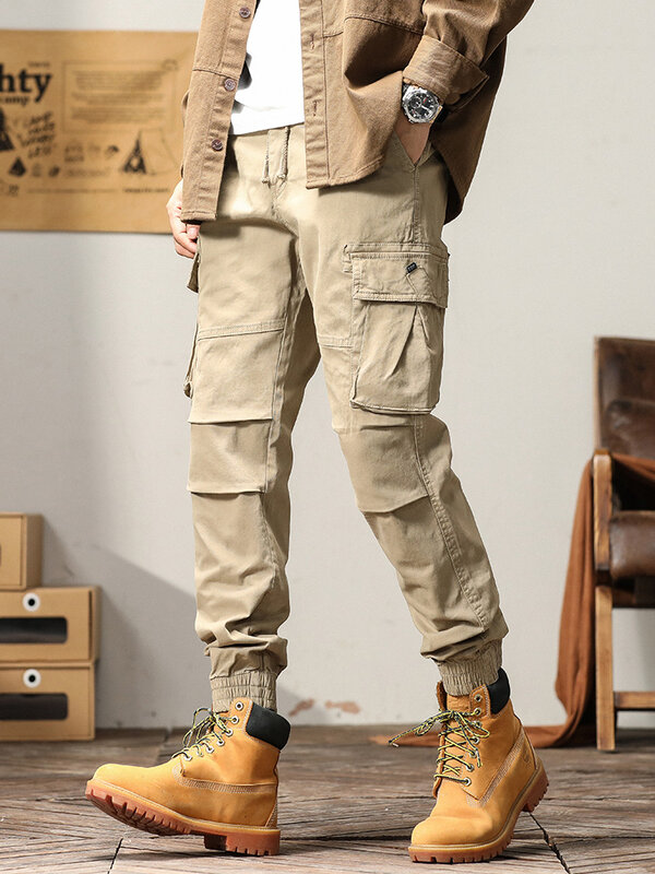 2023 Осенние новые брюки-карго, Мужская Рабочая одежда с несколькими карманами, одноцветные хлопковые облегающие мужские повседневные брюки для бега