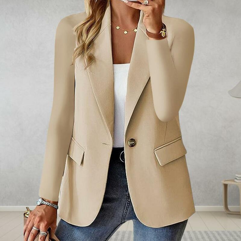 Jaqueta de terno feminino com bolsos de lapela, casaco elegante, longo para o trabalho, monocromático, elegante