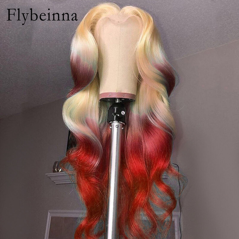13x6 Transparent Lace Human Hair Wig $613 Red Ombre Color Body Wave Lace Front Wigs For Women Blonde Green Two Tone Glueless Wig