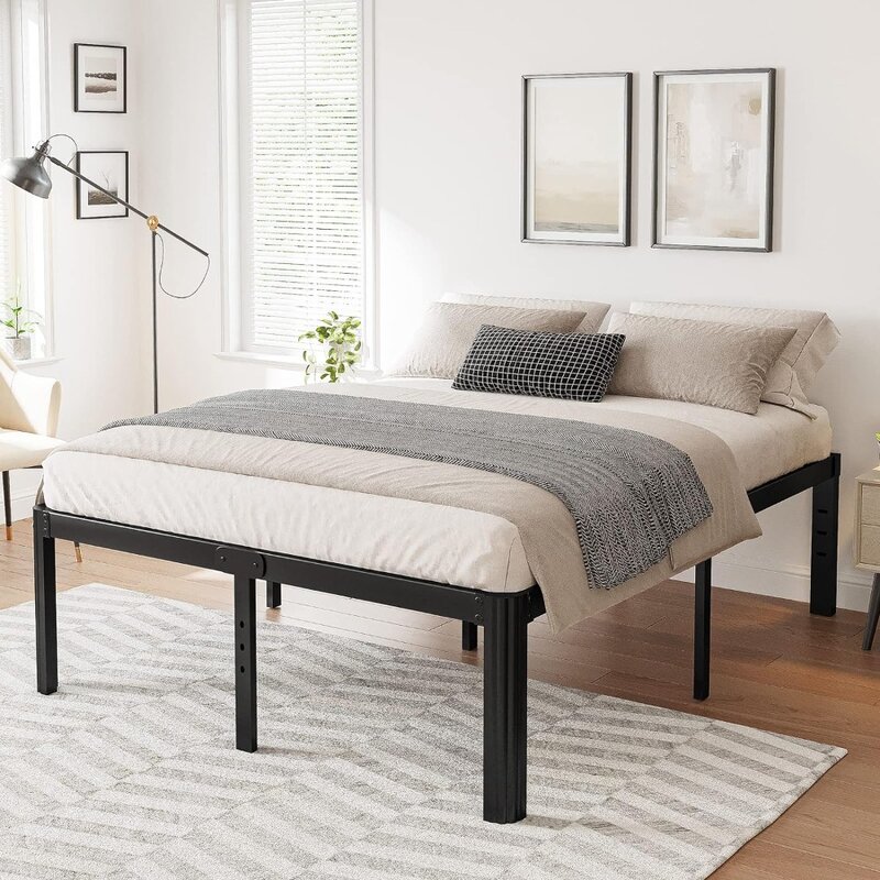 Marco de cama alto de 18 pulgadas, marco de cama con plataforma de Metal resistente, sin resorte de caja, tamaño Queen con esquinas redondas, negro
