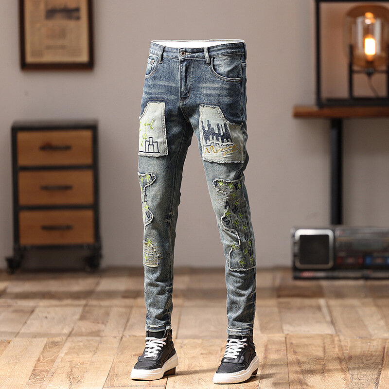 Jeans Men's Stitching Patchwork Fashion and Handsome Street Slim Fit Light Straight-Leg Embroidery Personality Motorcycle Pants