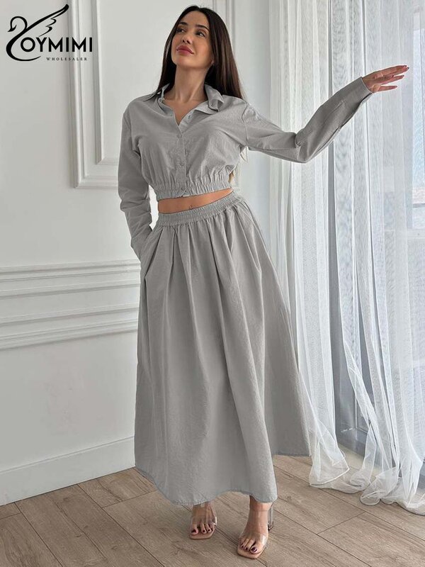 Oymimi Fashion Grey Nylon Two Piece Set For Women Elegant Lapel Long Sleeve Button Crop Shirts And Loose Ankle-Length Skirts Set