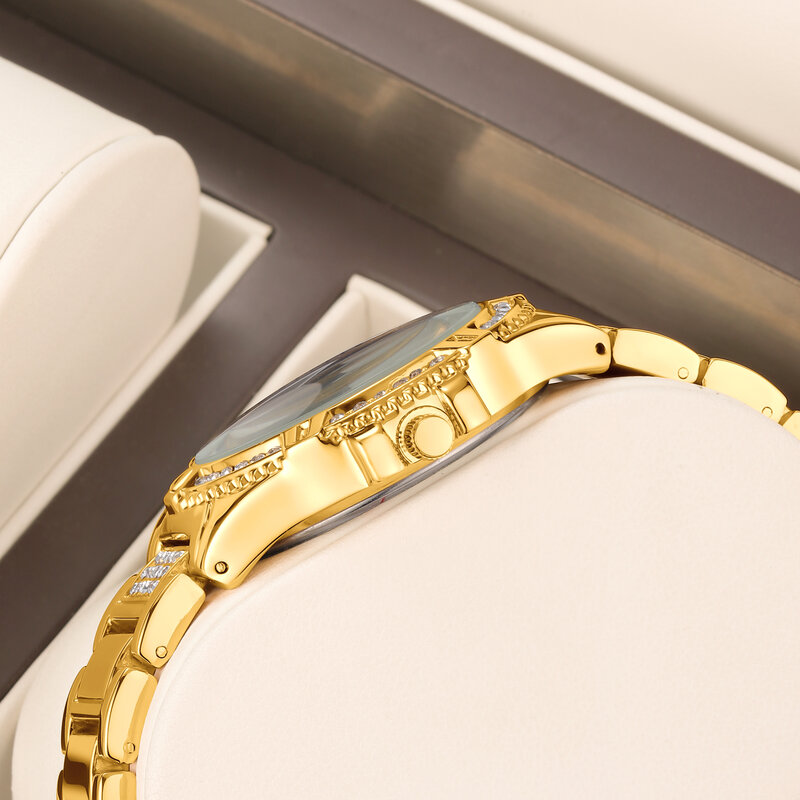 YaLaLuSi-Reloj de lujo con diamantes de cristal dorados, caja de modelo, removedor de reloj, chapado en oro de iones de vacío, regalo de pareja, marca, gran oferta