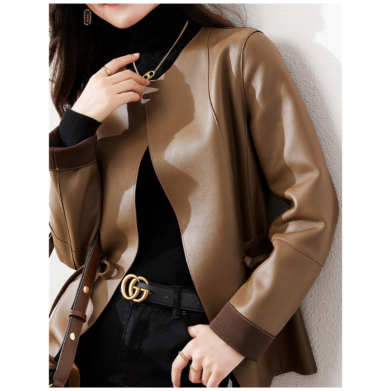 Genuine carneiro jaqueta de couro para as mulheres casaco curto com cordão cintura slim tops primavera outono