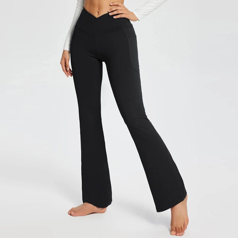 Treino de ioga elástico de cintura alta feminino, calça casual da moda, bolso, dobra