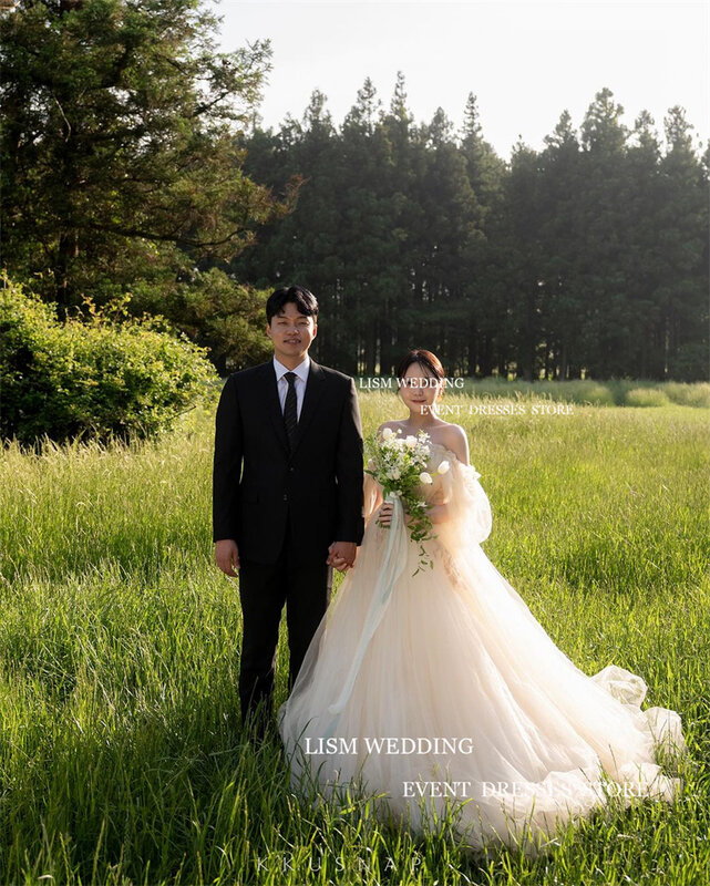 LISM wróżka Korea suknie ślubne Off The Shoulder Sweetheart bufiaste rękawy linia A długość podłogi formalne suknie ślubne sesja zdjęciowa