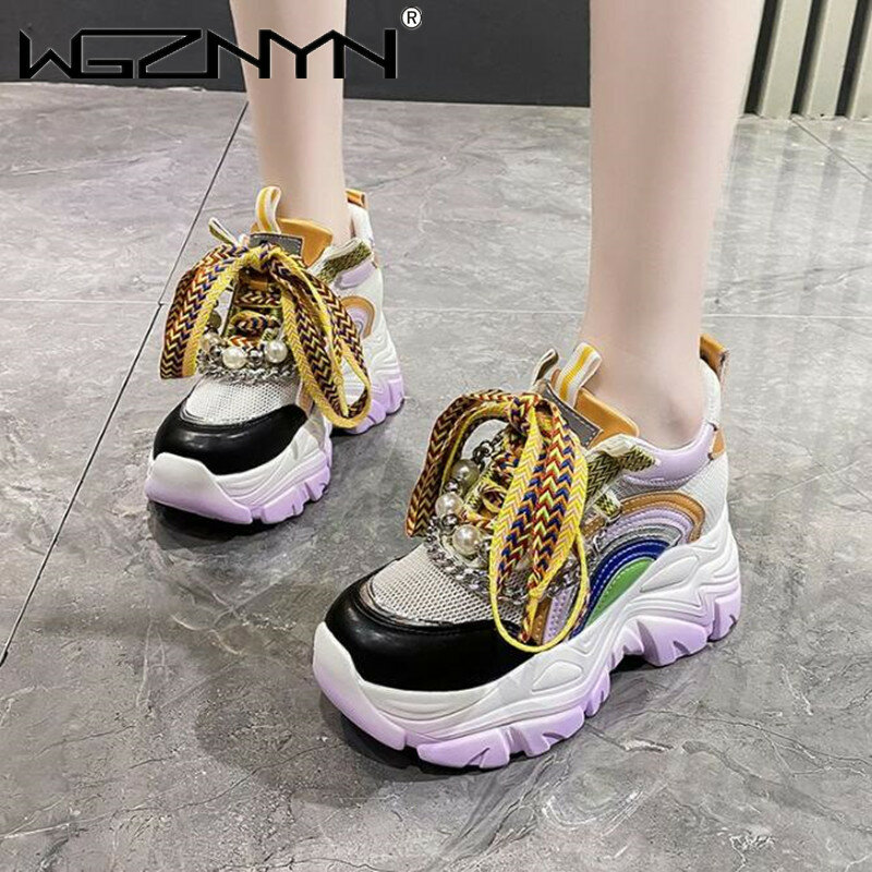 Patent Leather Ladies Casual Shoes Fashion String Bead Chain Girls Chunky Sneakers 8cm Heel Thick Sole Women's Platform Shoes