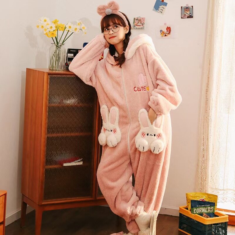 Женская зимняя теплая пижама из полиэстера с изображением животных из мультфильмов, удобная одежда для досуга с милым сердечком для девочки, косплей на молнии