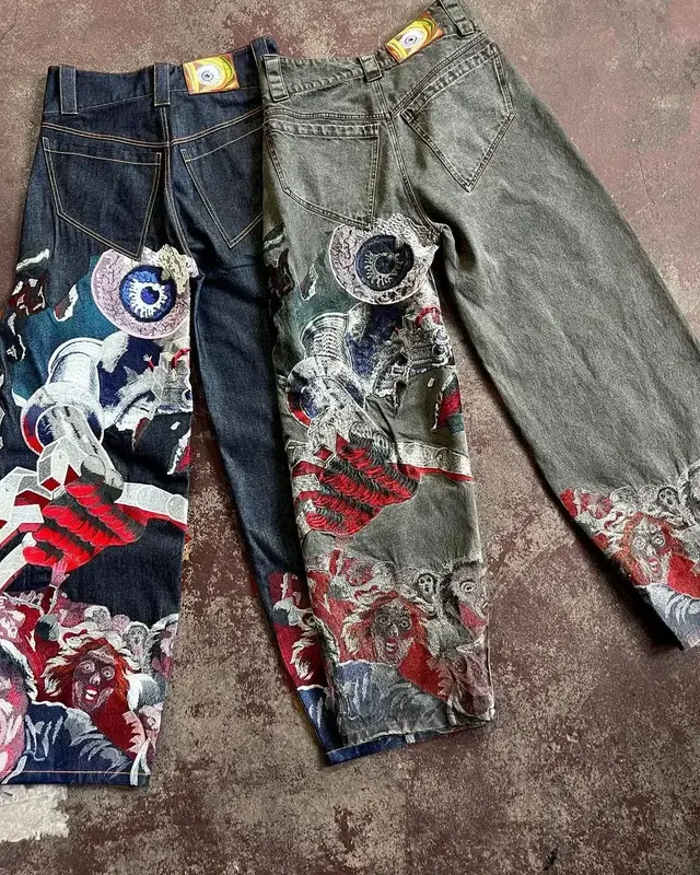 Retro Style Hip Hop Punk Embroidery Printed Baggy Jeans Y2k Jeans Men Heavy Craftsmanship Wide Leg Pants Goth Ripped Jeans Hot