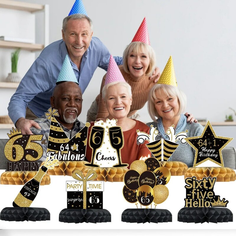 Украшения для вечеринки в честь Дня Рождения 65-го числа, черная Золотая бумажная сотовая структура, украшения для праздника на годовщину 65th