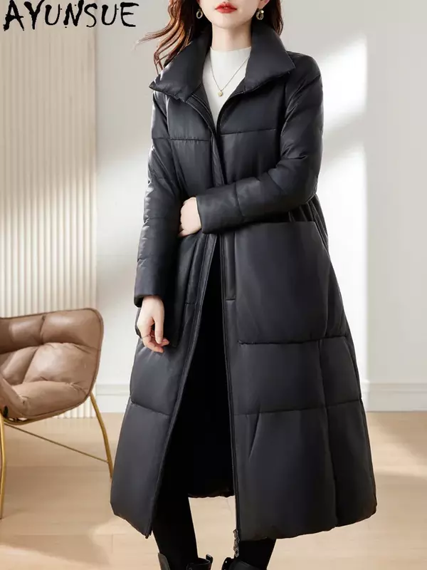 AYUNSUE-Chaqueta de plumón de pato para mujer, abrigo largo de piel de oveja auténtica, color blanco, a la moda, para invierno, 100%