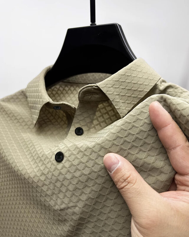 Мужская летняя рубашка-поло из ледяного шелка, Однотонная рубашка в клетку с короткими рукавами и пуговицами, Новинка