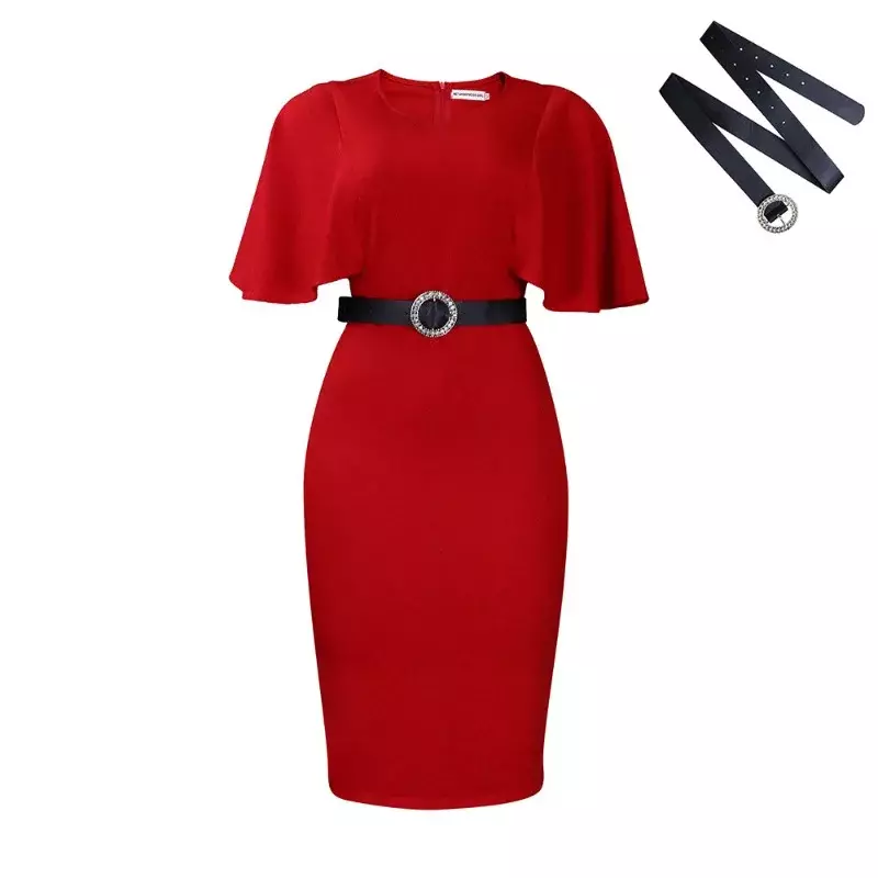 African Dresses for Women Elegant African Women Half Sleeve O-neck High Waist Polyester Red Blue Black Knee-length Dress S-3XL