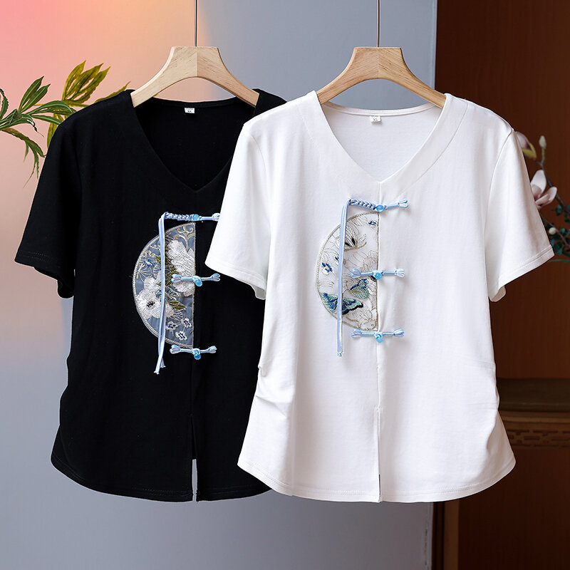 Besticktes kurz ärmel iges Baumwoll-T-Shirt im chinesischen Stil für das Sommer-Slimming-Top mit plissierter Taille und Retro-V-Ausschnitt