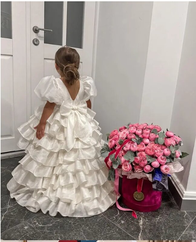 Gaun gadis bunga untuk ulang tahun pernikahan mutiara Floral Tulle putri mewah Maxi panjang anak-anak pengiring pengantin gaun Komuni Pertama
