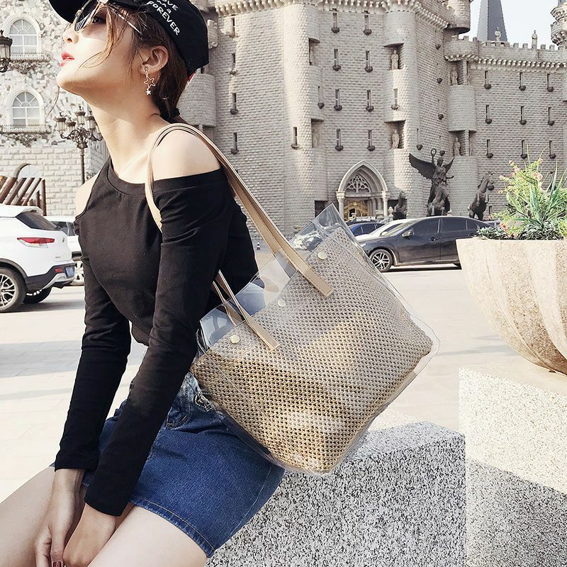 일본 스타일 직조 잔디 투명 여성 가방, 캐주얼 대용량 방수 바캉스 원숄더 토트백, 세트당 2 개