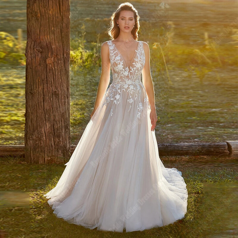 Bright V-Neck Tulle Surface Wedding Dresses Lace Appliqued Sleeveless Bridal Gowns Newset Sexy Robes A-Line Vestidos De Novias