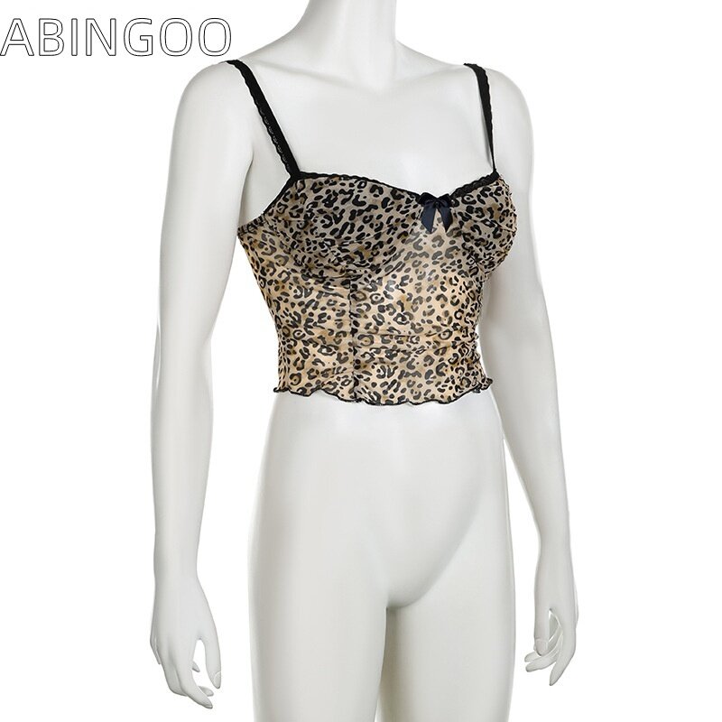 ABINGOO Retro Leopard Print Crop Top Sexy Bow Lace Inner Layup Camisole Night Party Club Corset Wooden Ear Edge V-neck Tank Tops