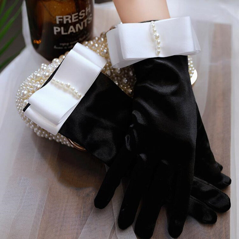 Gants en Satin noirs de Style rétro pour femmes, pour séance Photo, Cosplay, fête de dîner, décoration de perles, etiquettes de Performance sur scène