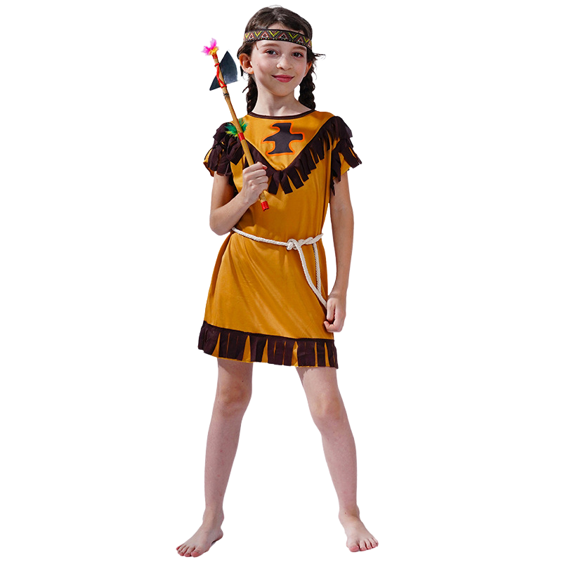 할로윈 어린이 아메리카 원주민 코스프레 코스튬 휴일 파티 재미있는 원피스 세트, 다크 브라운 패션 무대 공연 의류