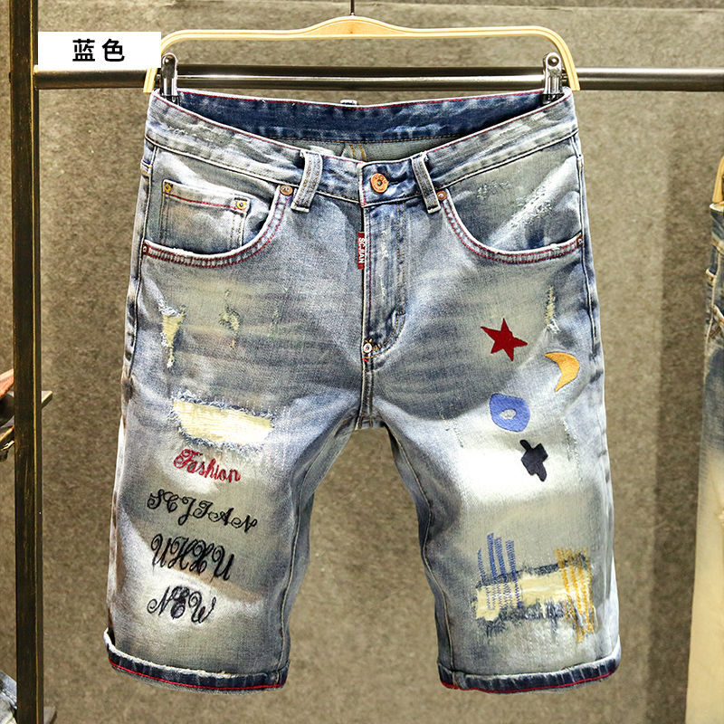 Джинсовые шорты мужские с вышивкой, приталенные штаны из денима, потертые джинсы до колен, хлопковые брюки, роскошная одежда, на лето