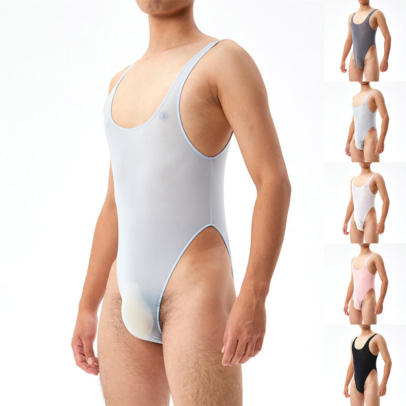 Sexy Heren Ultradunne Mesh Transparante Bodysuit Mouwloze Hoge Uitgesneden Jumpsuits Ondergoed Ademende Slanke Romper Erotische Lingerie