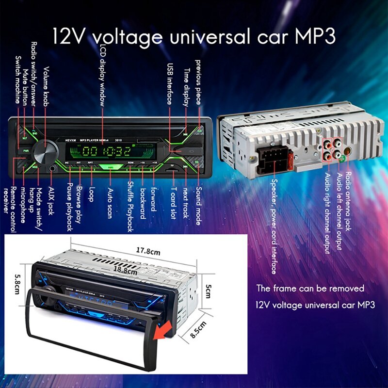 Rádio do carro e leitor multimédia, 3010 Autoradio, receptor de entrada auxiliar, 1Din, Bluetooth, MP3, suporte FM, WMA, USB, novo