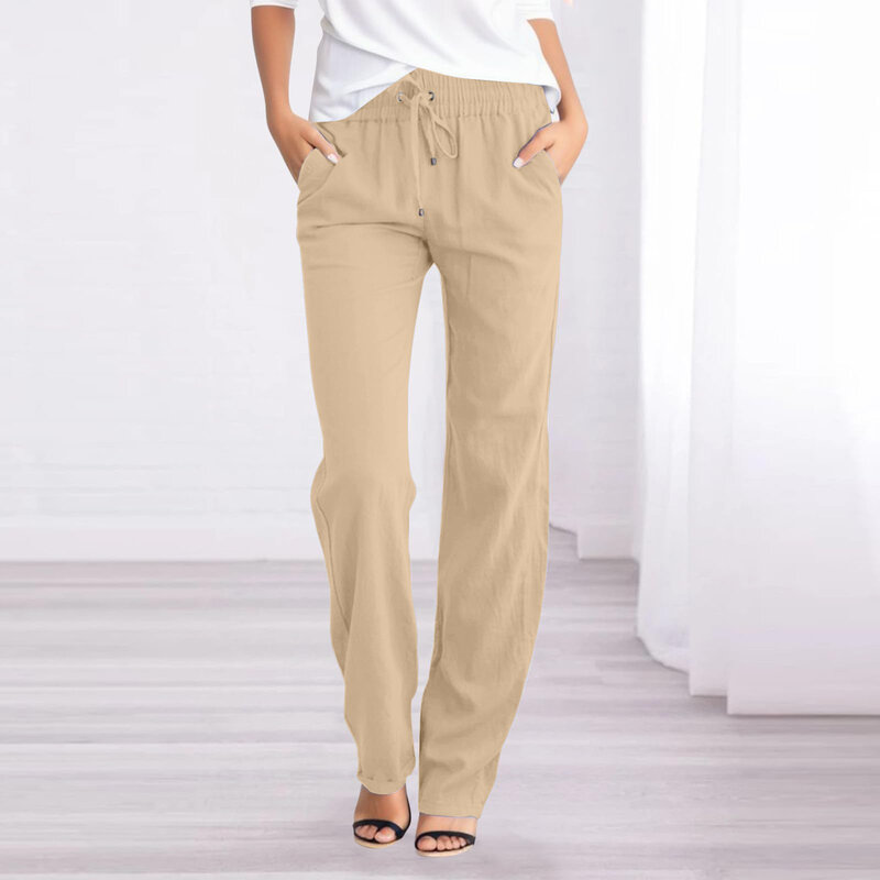 Summer Pants for Women Cotton Straight Leg Pants Femme Boho Style Elastic Waist Solid Casual Loose Pantalon Streetwear